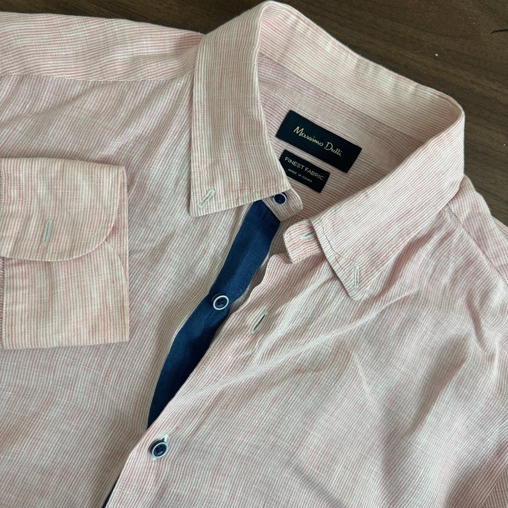 Massimo Dutti Pink Striped Linen Button Down Shirt Elbow Patches Mens L